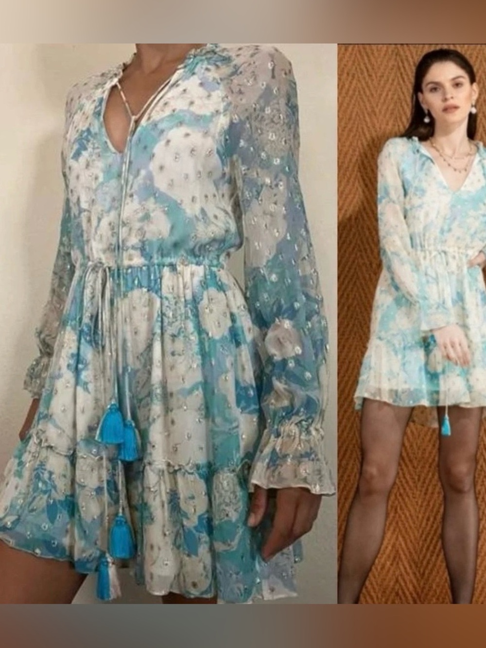 HEMANT & NANDITA White and Light Blue Mini Dress with Tassels
